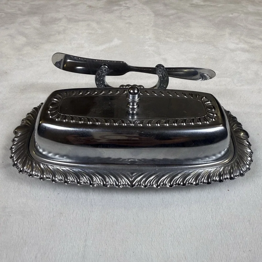 Vintage Irvinware USA Chrome Butter Dish Glass Insert Lid Knife Spreader